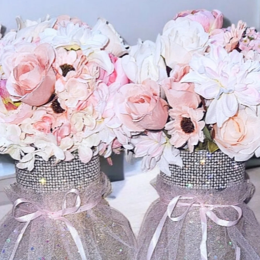 Two Handmade Faux Floral Arrangements Glass Vases Rhinestones Tulle